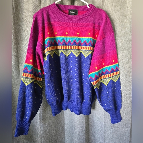 Slalom Vtg 80s Ski Sweater Colorful Geometric Mens Size M - Picture 1 of 4